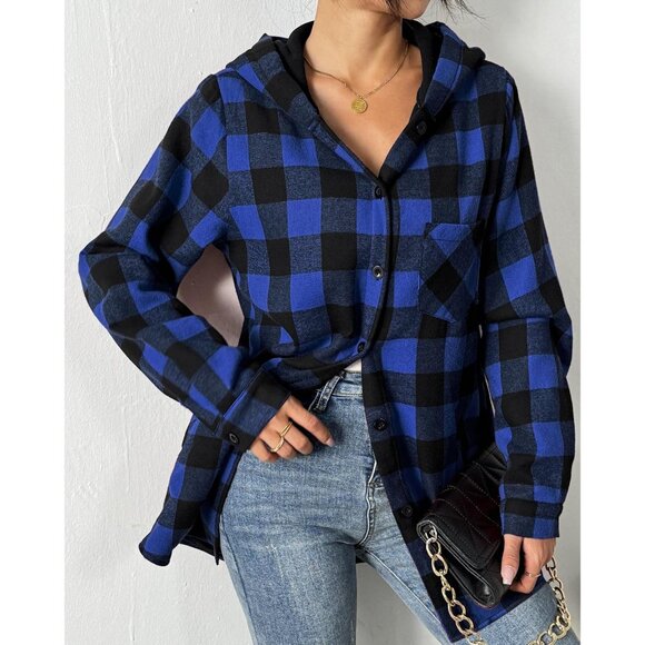 Women Flannel Fleece Shacket Large Plaid Hoodie Button Long Sleeve Fall Winter - Picture 3 of 4